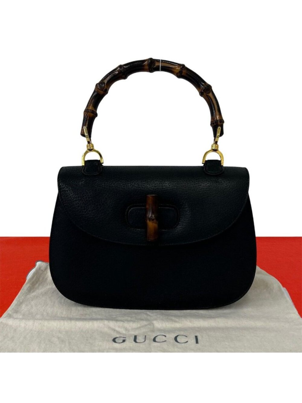 Gucci Vintage Bamboo Leather Turnlock Handbag Mini Tote Black
